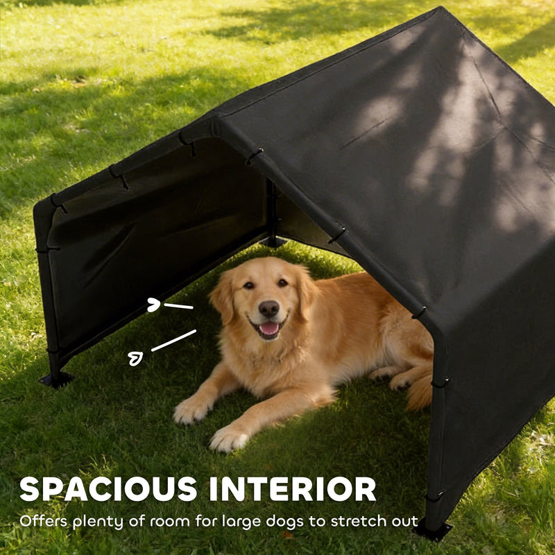 Large dog stretched out under the shelter canopy showing the interior floor space