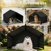 The dog shelter shown in use on a terrace, on a balcony and in a flower garden