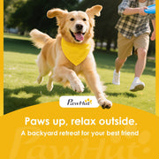 Golden retriever in a yellow bandana running across grass with a child close behind