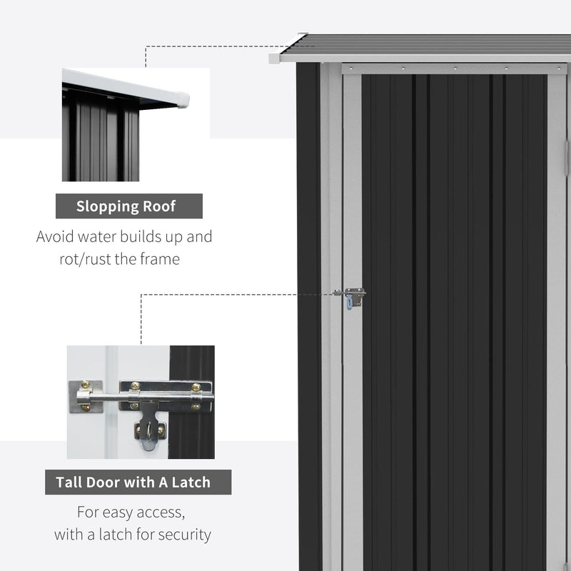 Feature panel with the sloping roof and tall latching door on the grey shed