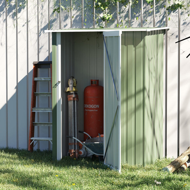 Light green lean-to shed on grass with a ladder and gas bottle stored inside