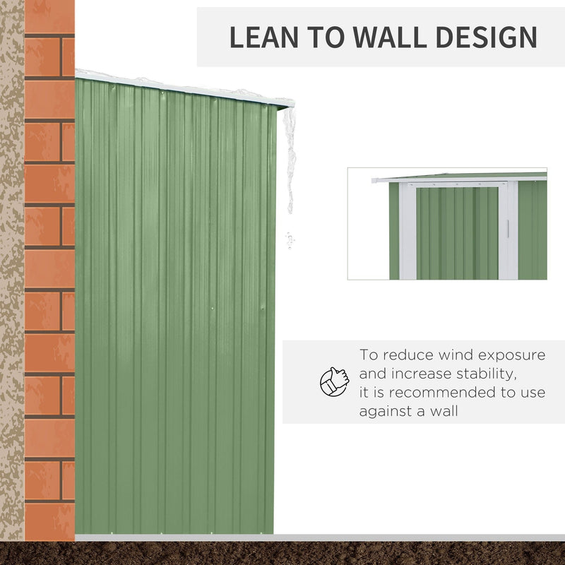 Lean-to wall design panel with the light green shed against a brick wall