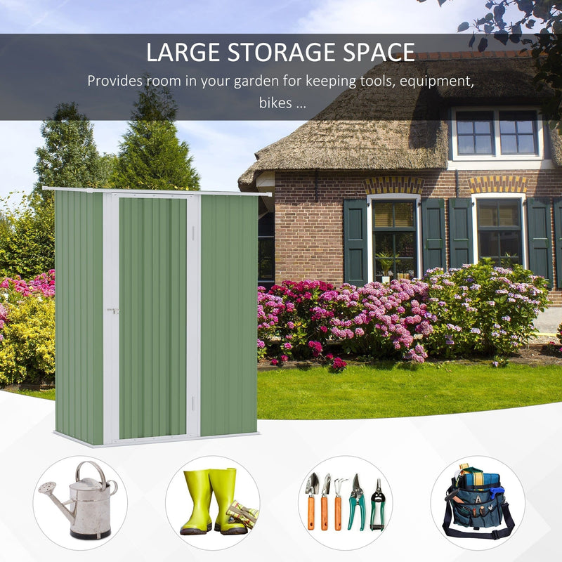 Large storage space panel with the light green shed beside a house