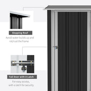Feature panel with sloping roof and tall latching door on the dark grey shed