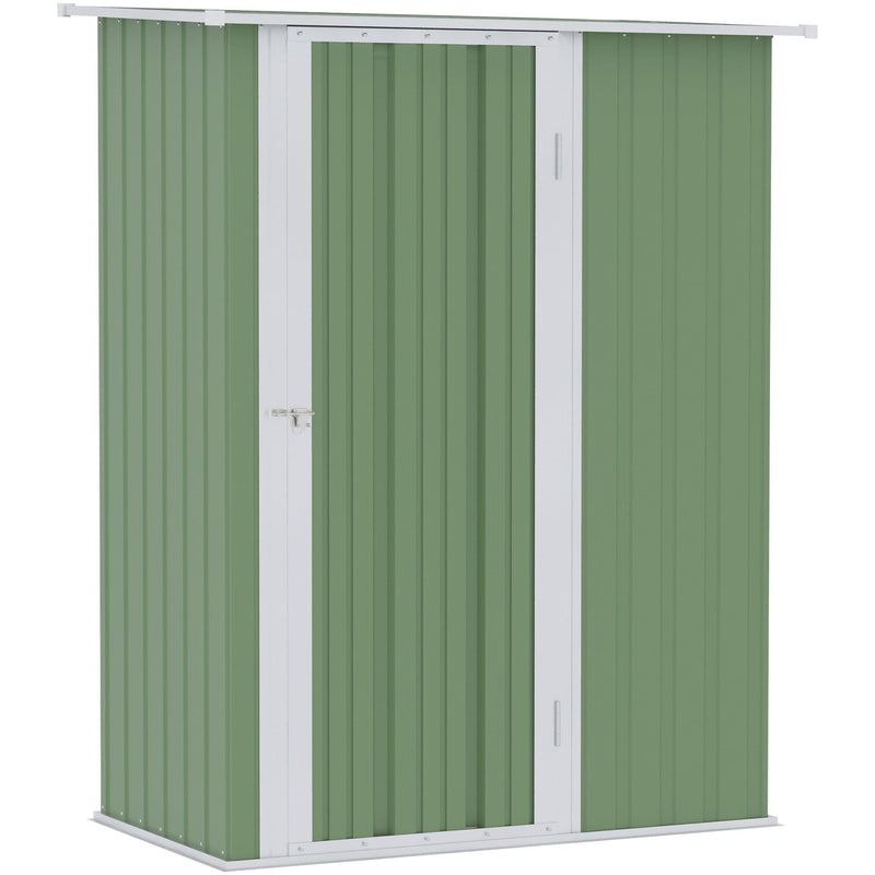 Light green shed studio view from the front left with the door closed