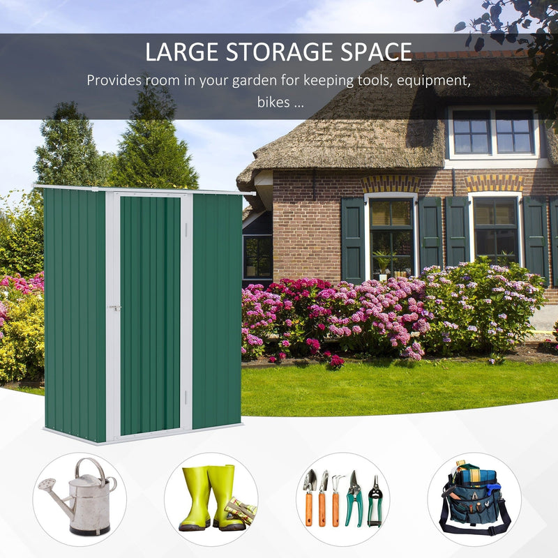 Large storage space panel with the green shed beside a house and tool icons