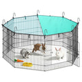 Octagonal SONGMICS wire mesh pet playpen on a white background with three rabbits and a black and teal semi-shaded roof.