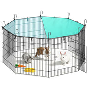 Octagonal SONGMICS wire mesh pet playpen on a white background with three rabbits and a black and teal semi-shaded roof.