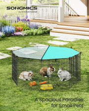 Rabbits inside the SONGMICS octagonal outdoor playpen set up on a garden lawn near a porch.