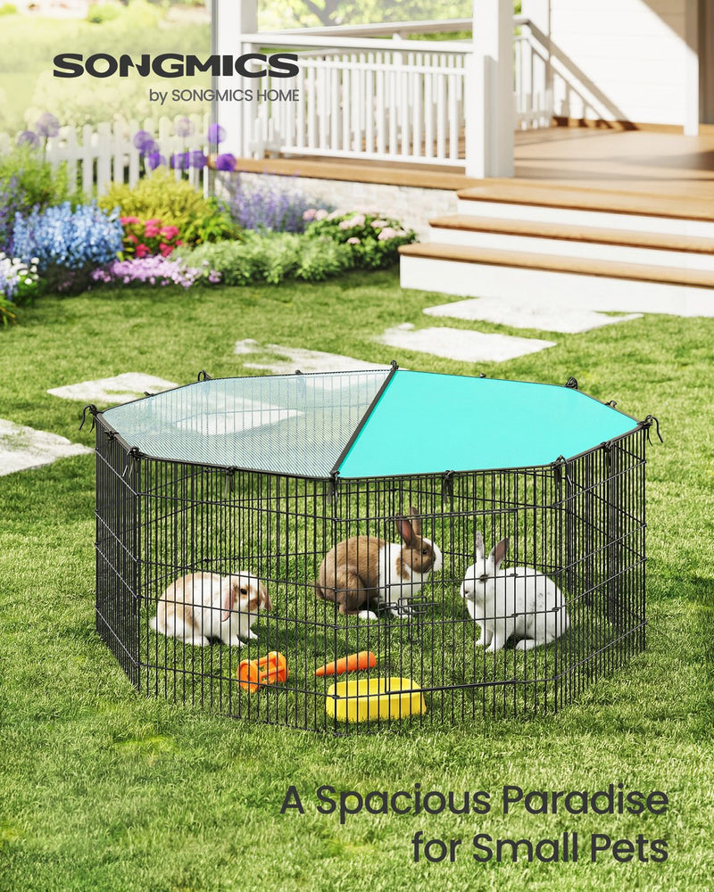 Rabbits inside the SONGMICS octagonal outdoor playpen set up on a garden lawn near a porch.