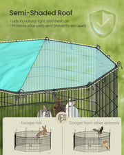 Close-up of the semi-shaded roof, half mesh and half solid teal fabric, secured with 16 straps.