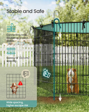 Guinea pig against the playpen's 2.8cm wire mesh spacing with ground-stake connecting rods anchoring it in a fenced garden.
