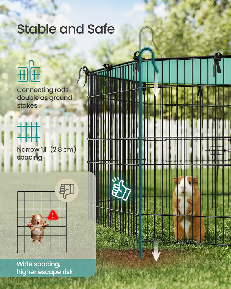 Guinea pig against the playpen's 2.8cm wire mesh spacing with ground-stake connecting rods anchoring it in a fenced garden.