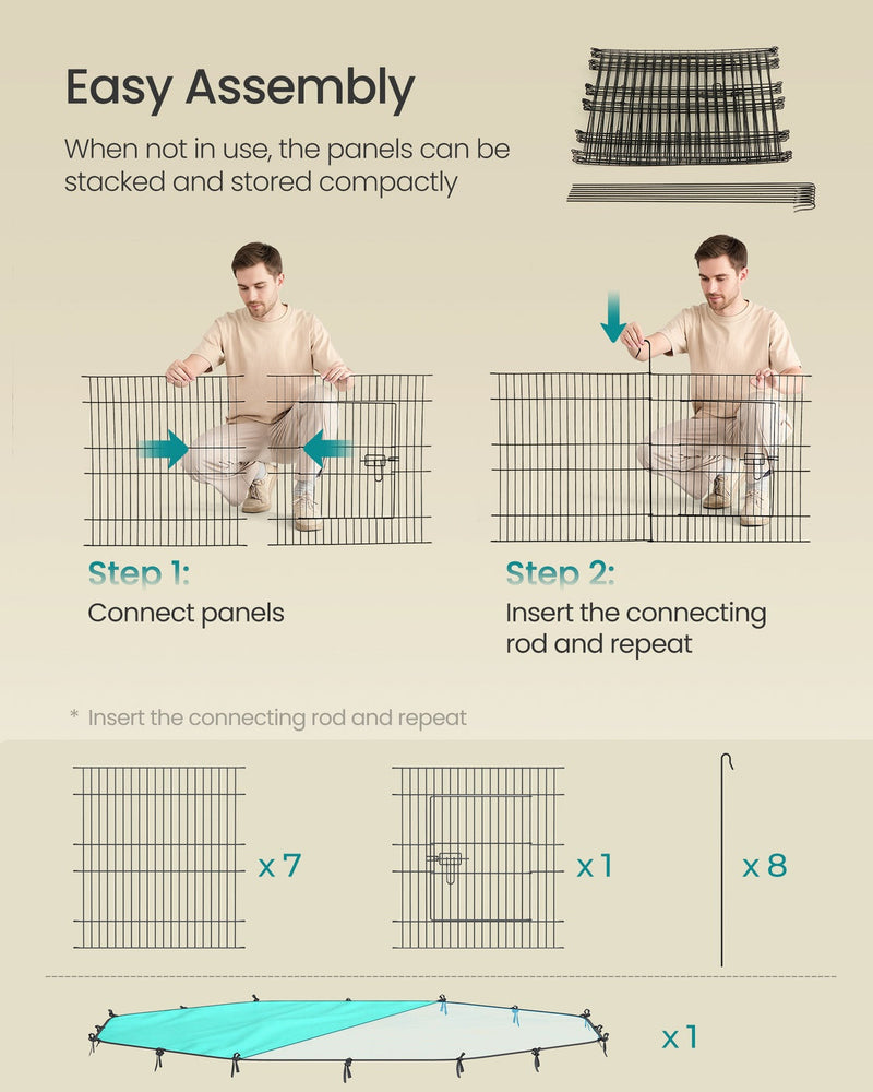 Diagram of playpen components: 7 plain wire panels, 1 door panel, 8 connecting rods and 1 fabric roof.