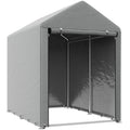 Light grey Outsunny portable storage shed tent with the zipped front door open, on a plain background