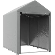 Light grey Outsunny portable storage shed tent with the zipped front door open, on a plain background