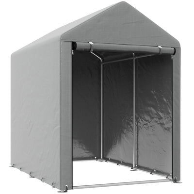 Light grey Outsunny portable storage shed tent with the zipped front door open, on a plain background