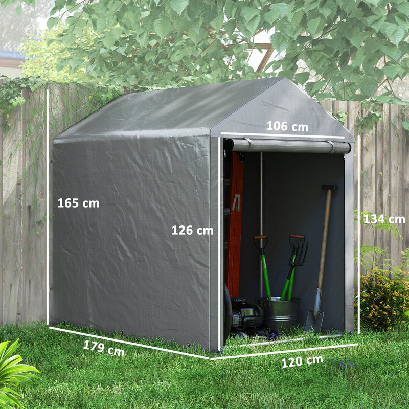 Dimension diagram of the shed tent showing 179cm depth, 120cm width, 165cm ridge height, 134cm eaves and a 106 x 126cm door