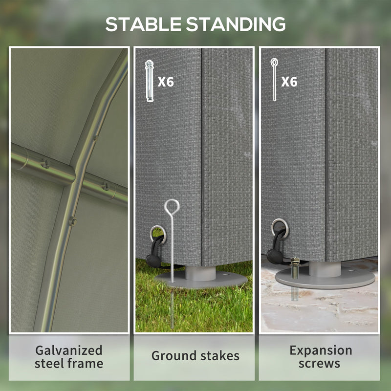 Galvanised steel frame joint shown with the 6 ground stakes and 6 expansion screws supplied