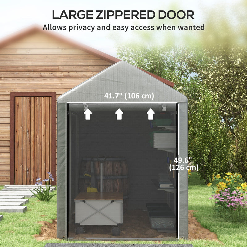 Front view of the shed tent with the door rolled up, showing the 106cm wide by 126cm high opening