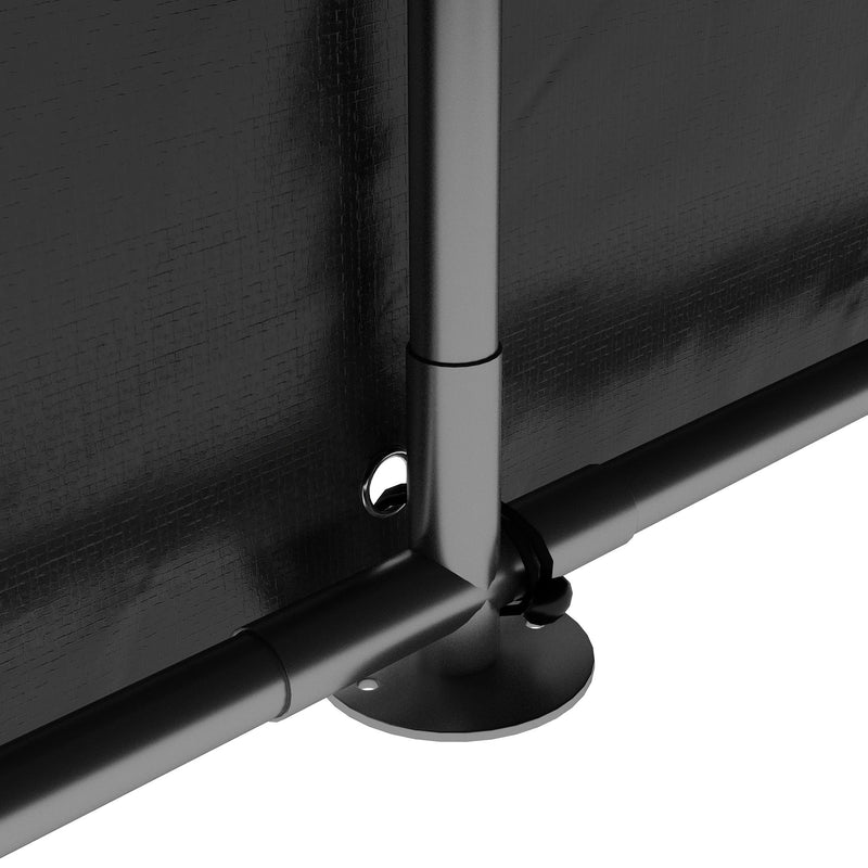 Close-up of a steel frame leg on its base plate anchored through the cover
