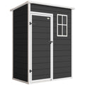 Front view of the black 5x3ft Outsunny plastic garden shed with a white-framed door and window