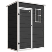 Front view of the black 5x3ft Outsunny plastic garden shed with a white-framed door and window