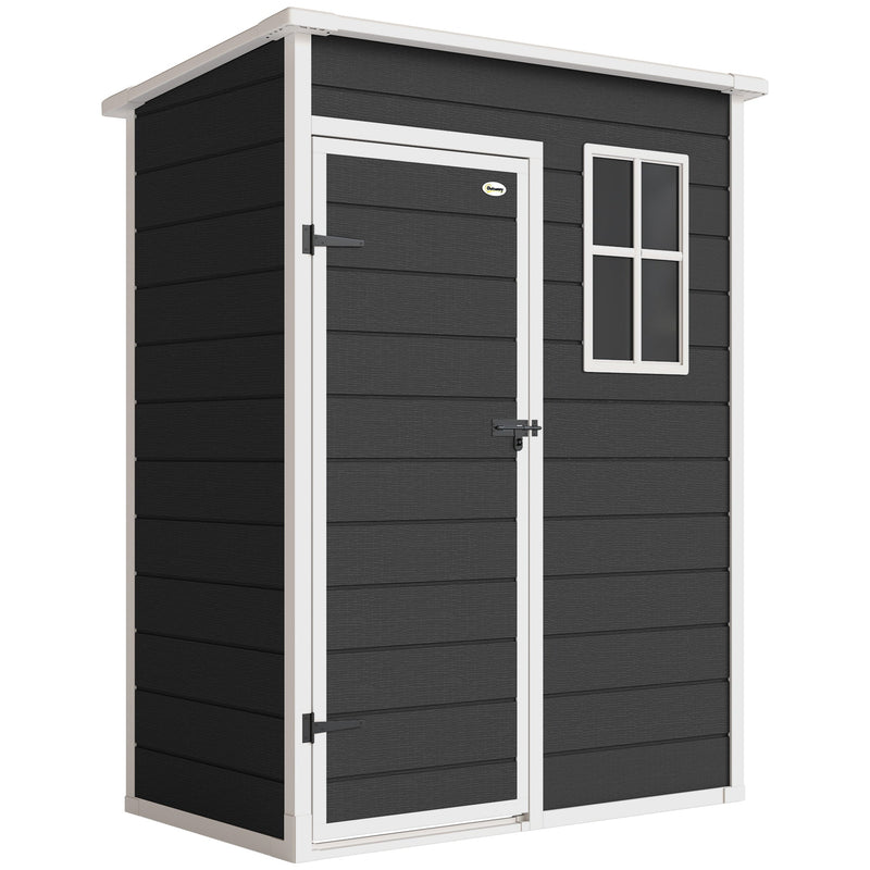 Front view of the black 5x3ft Outsunny plastic garden shed with a white-framed door and window
