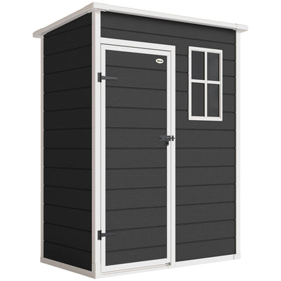 Front view of the black 5x3ft Outsunny plastic garden shed with a white-framed door and window