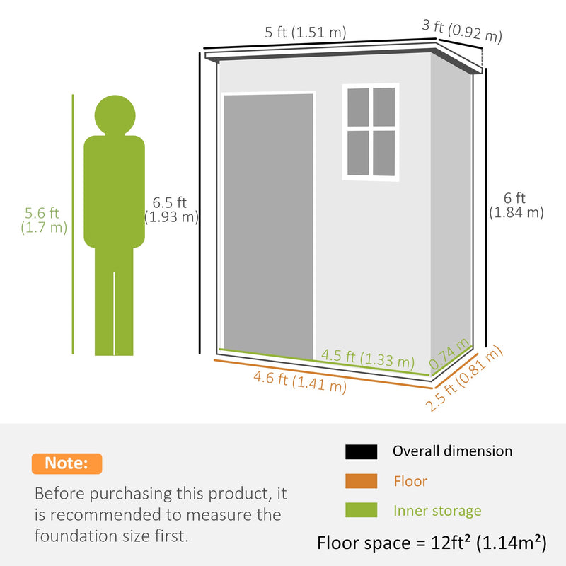 Dimension diagram showing the shed at 151 cm wide, 92 cm deep and 184 to 193 cm high
