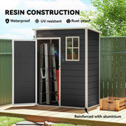 Resin construction panel showing the shed is waterproof, UV resistant, rust proof and reinforced with aluminium