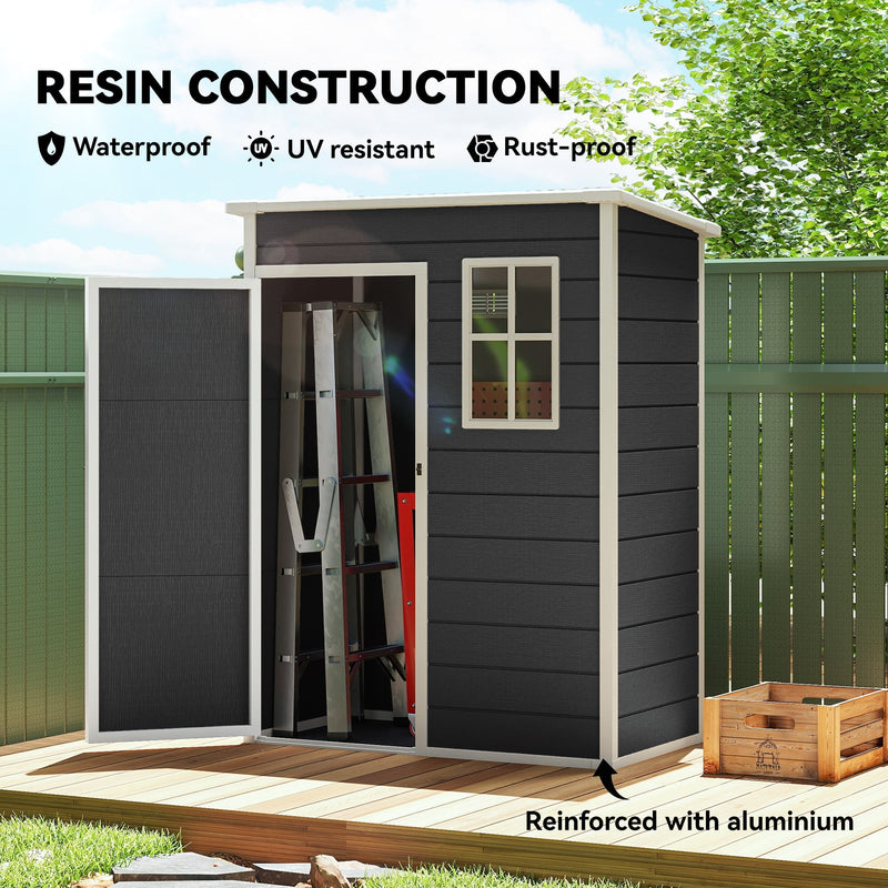 Resin construction panel showing the shed is waterproof, UV resistant, rust proof and reinforced with aluminium