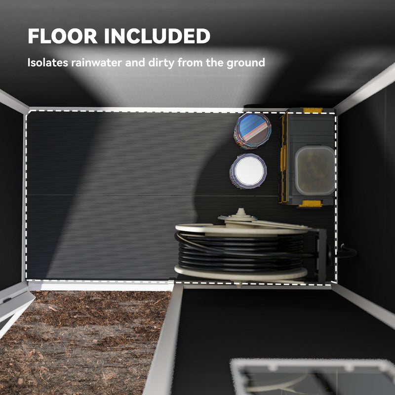 Cutaway view of the included moulded floor that isolates stored items from rainwater and ground dirt