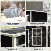 Four detail panels covering the included gloves, sloped roof, corner protectors and daylight window