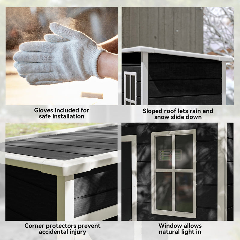 Four detail panels covering the included gloves, sloped roof, corner protectors and daylight window