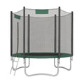 SONGMICS 244 cm outdoor trampoline in dark green with the ladder on the left and net poles outside the frame