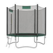 SONGMICS 244 cm outdoor trampoline in dark green with the ladder on the left and net poles outside the frame
