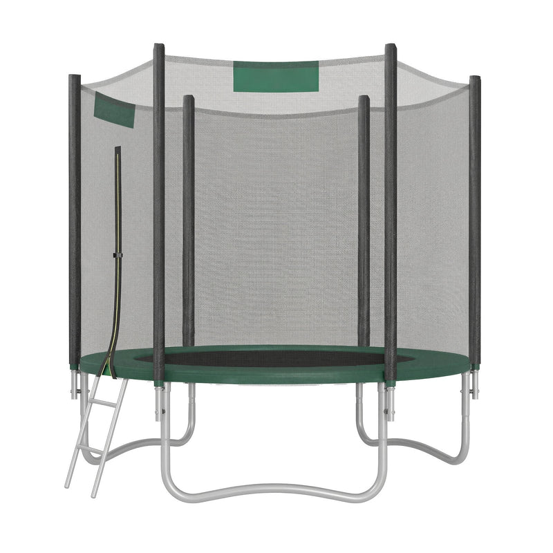 SONGMICS 244 cm outdoor trampoline in dark green with the ladder on the left and net poles outside the frame