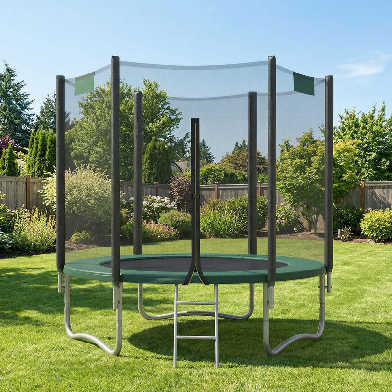 244 cm trampoline standing on a garden lawn backed by clipped hedges and flowering shrubs