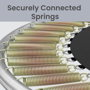 Close-up of the coiled springs connecting the black jumping mat to the steel frame