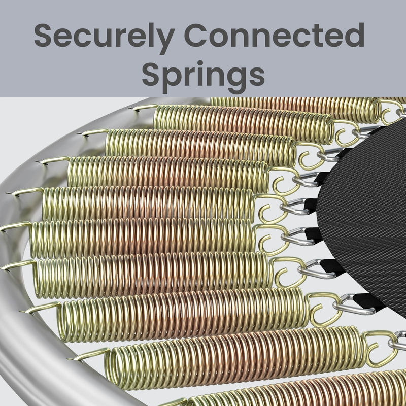 Close-up of the coiled springs connecting the black jumping mat to the steel frame