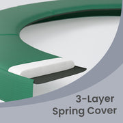 Cutaway close-up of the 3-layer spring cover showing foam between the green outer fabric and base layer