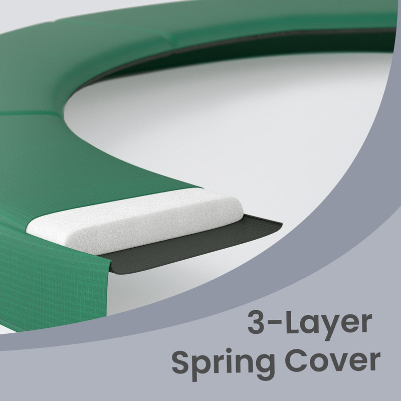 Cutaway close-up of the 3-layer spring cover showing foam between the green outer fabric and base layer
