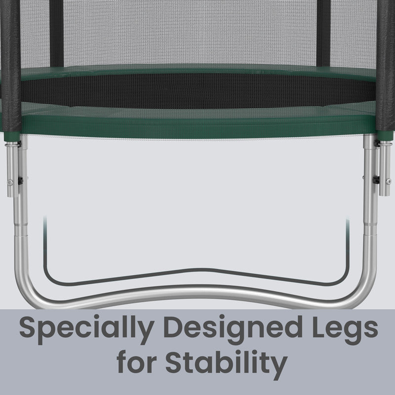 Close-up of the curved silver legs supporting the green trampoline frame