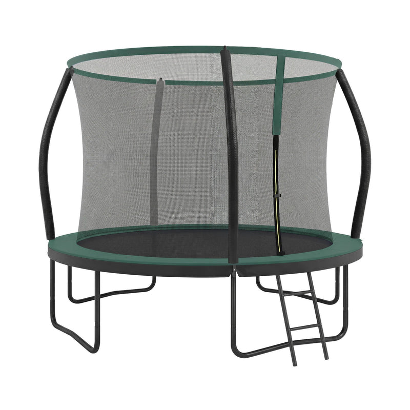 SONGMICS 305 cm outdoor trampoline in green with the safety net fitted inside the padded frame