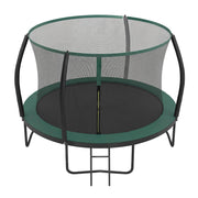 Raised angled view of the 305 cm green trampoline showing the black jumping mat inside the net
