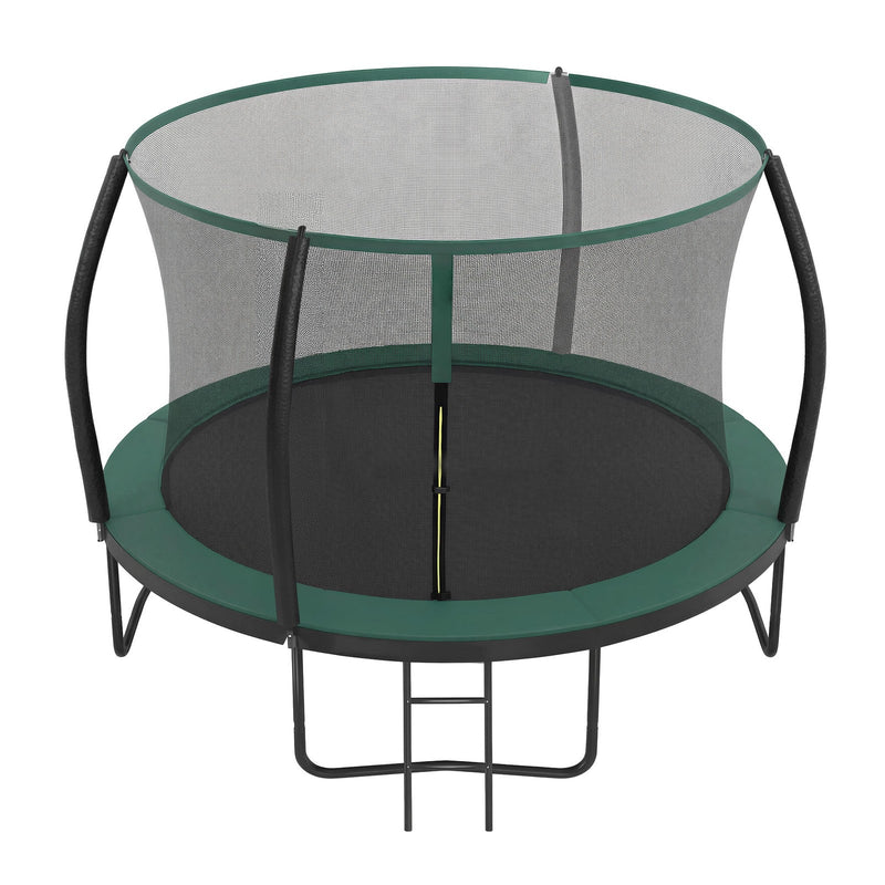 Raised angled view of the 305 cm green trampoline showing the black jumping mat inside the net