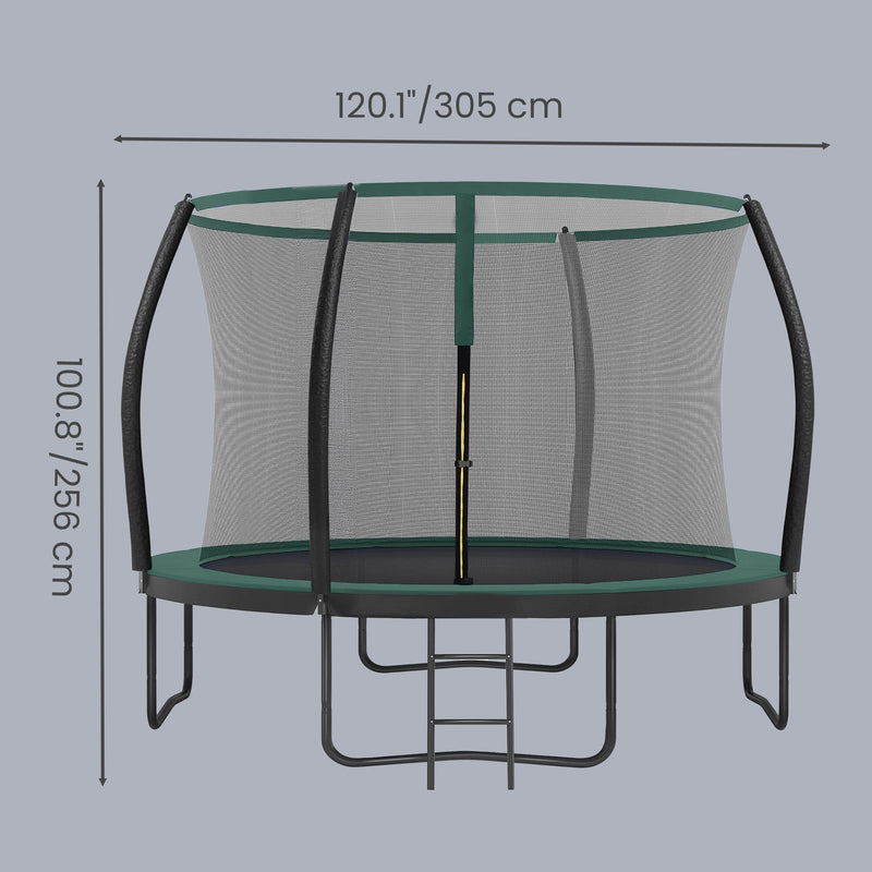 Dimensions diagram showing the trampoline measuring 305 cm across and 256 cm tall