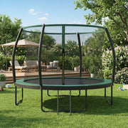 Green 305 cm trampoline on a lawn in front of a decked patio with garden furniture and a parasol