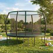 305 cm trampoline on a lawn with picnic blankets, balls and a skipping rope nearby
